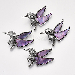 Shell Brooches/Pendants, with Resin Bottom and Alloy Findings, Bird, Antique Silver, Plum, 31~32x53.5x12~12.5mm, hole: 6x3mm, Pin: 0.7mm(RESI-S376-19D)