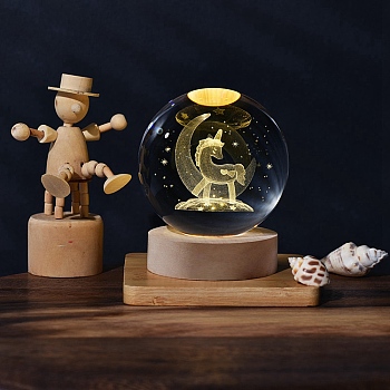 Glass Crystal Ball Night Light, Built-in Battery, with Wooden Base Stand Holder & USB Charger, Unicorn, 70~80mm