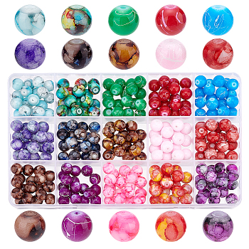 Elite 300Pcs 15 Colors Baking Painted Drawbench Glass Beads, Round, Mixed Color, 8~8.5mm, Hole: 1.5mm, 20Pcs/color