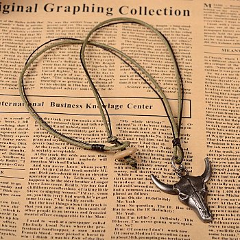 Vintage Leather Cord Pendant Necklaces, with Waxed Cord and Alloy Cow Head Pendants, Antique Silver, 20 inch, 3mm