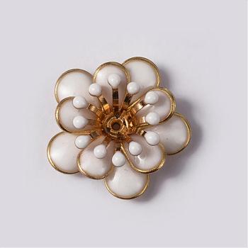 Flower Brass Enamel Cabochon Settings, Golden, White, Tray: 4mm, 20x7mm, Hole: 1mm