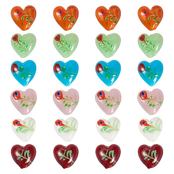 24Pcs 6 Colors Handmade Bumpy Millefiori Glass Beads, Heart & Flower, Mixed Color, 19.5~20.5x19.5~20x11~12mm, Hole: 1.5~2mm, 4pcs/color
