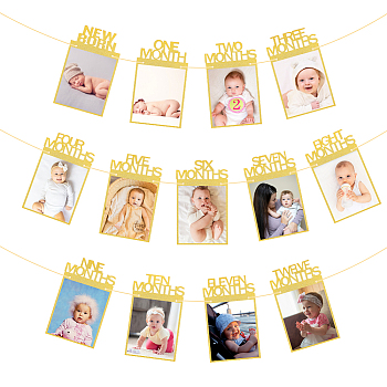 Paper Flag Banners, 12 Months Photo Banner for Birthday Party, Gold, 68.5~226x45~141x0.3~0.5mm