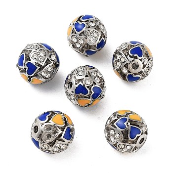 Platinum Plated Alloy Rhinestone Beads, with Enamel, Round with Heart, Gold, 12x11.5mm, Hole: 1.8mm