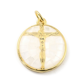 Natural Shell Pendants, with Golden Brass Findings, Flat Round with Jesus, White, 18x16x3.5mm, 3.5mm Inner Diameter.