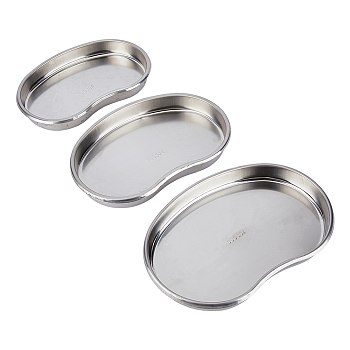BENECREAT 3Pcs 3 Styles 304 Stainless Steel Surgical Tray, Medical Dental Disinfection Tool Tray, Curved Oval/Kidney Shape, Stainless Steel Color, 183~215x120~150x23~24mm, Inner Diameter: 170~203x100~133x21~23mm, 1pc/style