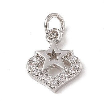 Brass Micro Pave Clear Cubic Zirconia Charms, with Open Jump Rings, Heart Charms with Star, Platinum, 12x9.5x2mm, Hole: 3mm 