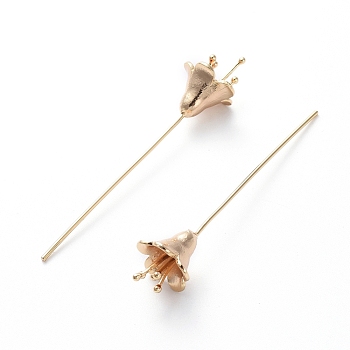 Brass Flower Shape Head Pins, Real 18K Gold Plated, 56.2x11.5mm, Pin: 0.8mm