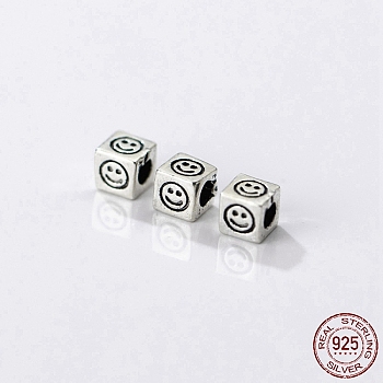 Rhodium Plated 925 Thailand Sterling Silver Spacer Beads, Smiling Face Beads, Antique Silver Color, Cube, 3.8x3.8x3.8mm, Hole: 2.1mm