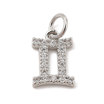 Brass Micro Pave Cubic Zirconia Charms, Constellation Charm, with Jump Ring, Gemini, 11.5x8x1.5mm, Hole: 3.5mm