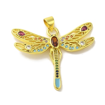 Brass Micro Pave Colorful Cubic Zirconia Pendants, Dragonfly Charms, Real 18K Gold Plated, 28x33x3mm, Hole: 4.5x3.5mm