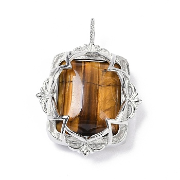 Natural Tiger Eye Pendants, Brass Flower Charms, Rack Plating, Long-Lasting Plated, Lead Free & Cadmium Free, Platinum, 36x26.5x11mm, Hole: 3x4.5mm