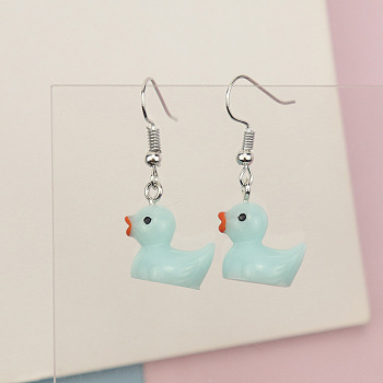 Duck Iron Resin Dangle Earrings, Platinum, Pale Turquoise, 30x15mm
