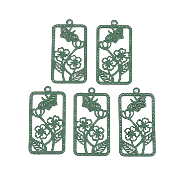 430 Stainless Steel Filigree Pendants, Spray Painted, Etched Metal Embellishments, Rectangle with Flower, Green, 27x13x0.4mm, Hole: 1.2mm