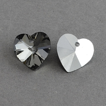 Heart Electroplated Glass Pendants, Silver Plated Bottom, Faceted, Gray, 14x14x8mm, Hole: 1.5mm