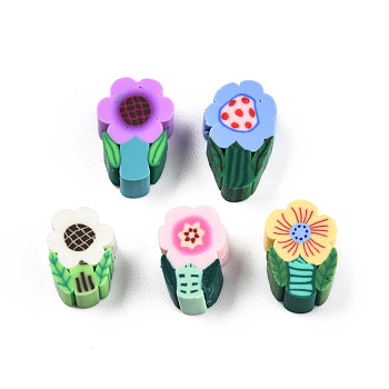 Handmade Polymer Clay Beads, Flower, Mixed Color, 10~12.5x6.5~8x4.5~5mm, Hole: 1.4~1.8mm