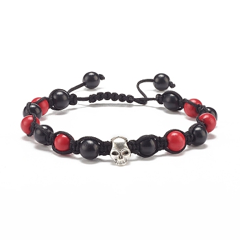 Round Synthetic Turquoise(Dyed) Braided Bead Bracelet with Alloy Skull, Gemstone Jewelry for Women, Dark Red, Inner Diameter: 2-1/4~3-1/4 inch(5.6~8.4cm)