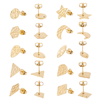 20Pcs 10 Style 304 Stainless Steel Stud Earring Findings, with Hole and Ear Nuts, Rhombus & Hexagon & Star & Triangle & Teardrop & Moon Shape, Golden, 10~12x6~12mm, Hole: 0.9~1.2mm, Pin: 0.6mm, 2Pcs/style