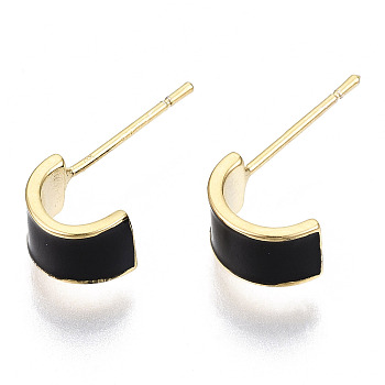 Brass Enamel Half Hoop Earrings, Nickel Free, Real 18K Gold Plated, Black, 17x9mm, Pin: 0.7mm