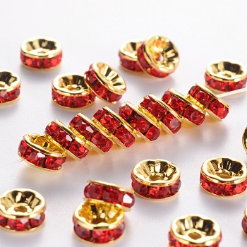 Brass Rhinestone Spacer Beads, Grade A, Straight Flange, Golden Metal Color, Rondelle, Light Siam, 8x3.8mm, Hole: 1.5mm