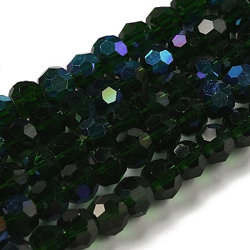 Electroplate Transparent Glass Beads Strands, Faceted, Round, Rainbow Plated, Dark Green, 6mm, Hole: 1mm, about 98~100pcs/strand, 20.39~20.59 inch(51.8~52.3cm)