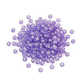 Transparent Acrylic Beads, Flat Round with White Letter A~Z, Lilac, 7x4mm, Hole: 1.5mm, about 1000pcs/bag
