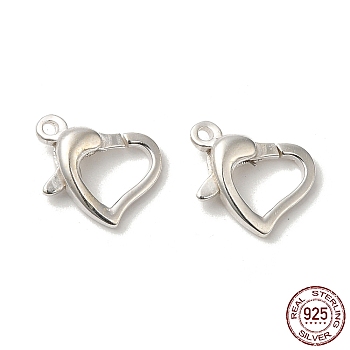 925 Sterling Silver Lobster Claw Clasps, Heart, with 925 Stamp, Silver, 10x12x3mm, Hole: 1.2mm