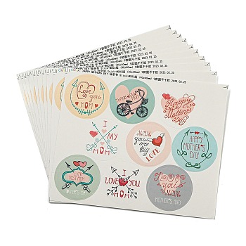 Mother's Day Paper Sticker, Self-adhesion, for Suitcase, Skateboard, Refrigerator, Helmet, Mobile Phone Shell, Mixed Color, Round, 108x131x0.2mm, Round: 40mm, 9 style/pc, 10 pcs/set