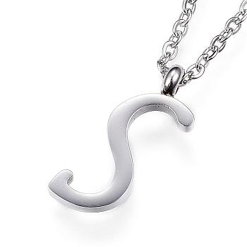 304 Stainless Steel Initial Pendant Necklaces, Letter S, with Cable Chains and Lobster Clasp, Stainless Steel Color, 18.11 inch(46cm)