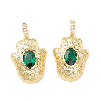 Rack Plating Brass Micro Pave Lime Green Cubic Zirconia Pendants, Cadmium Free & Nickel Free & Lead Free, Long-Lasting Plated, Hamsa Hand, Real 18K Gold Plated, 24x14x5mm, Hole: 4x2.5mm