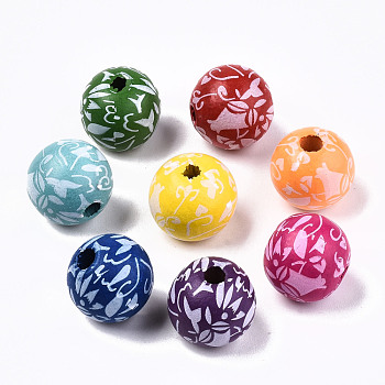 Printed Natural Wooden Beads, Round with Floarl Pattern, Mixed Color, 14x13mm, Hole: 3mm