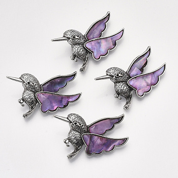 Shell Brooches/Pendants, with Resin Bottom and Alloy Findings, Bird, Antique Silver, Plum, 31~32x53.5x12~12.5mm, hole: 6x3mm, Pin: 0.7mm