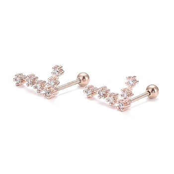Brass Micro Pave Clear Cubic Zirconia Stud Earrings, with 304 Stainless Steel Pin and Ear Nut, Constellation/Zodiac Sign, Rose Gold, Pisces, 15x8mm, Pin: 0.8mm