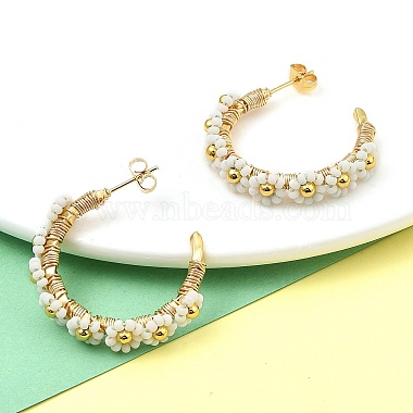 304 Stainless Steel & Bohemian Beaded C-Shaped with Flower Stud Earrings for Women(EJEW-R001-03G-02)-4