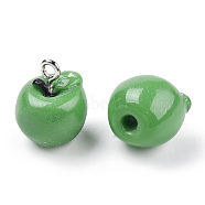 Apple Resin Charms, with Platinum Tone Iron Screw Eye Pin Peg Bails, Lime Green, 15x12mm, Hole: 2mm(RESI-R184-04)
