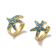 Rack Plating Brass Micro Pave Cubic Zirconia Clip-on Earrings, Long-Lasting Plated, Lead Free & Cadmium Free, Starfish, Sky Blue, 12x9.5mm(EJEW-R168-43G-01)