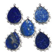Natural Lapis Lazuli Pendants, Rack Plating Platinum Tone Brass Pave Clear Cubic Zirconia Teardrop Charms, 30.5x23.5x2mm, Hole: 1.4mm(G-D072-01P-10)