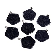 Synthetic Blue Goldstone Pendants, Pentagon Charms with 201 Stainless Steel Snap on Bails, 35~36x33~33.5x3~4.5mm, Hole: 6x3mm(G-Q172-02P)