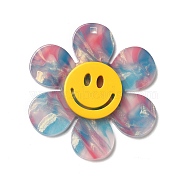 Two Tone Acrylic Big Pendants, Flower with Smiling Face, Deep Sky Blue, 55x50x4.5mm, Hole: 1.8mm(OACR-B008-D01)