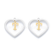 201 Stainless Steel Pendants, Hollow, Heart with Letter A~Z, Real Gold Plated & Stainless Steel Color, Letter.T, 29x29.5x1mm, Hole: 2mm, A~Z: 12x8~10.5x1mm(STAS-N090-LA894-T-P)