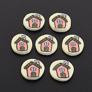 Handmade Polymer Clay Cabochons, Flat Round with House, Lemon Chiffon, 9~10.5x1.5~2mm, about 5000pcs/1000g(CLAY-N006-137)