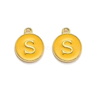 Golden Plated Alloy Enamel Charms, Enamelled Sequins, Flat Round with Alphabet, Letter.S, Yellow, 14x12x2mm, Hole: 1.5mm(ENAM-Q437-13S)