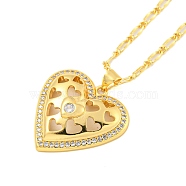 Brass Micro Pave Clear Cubic Zirconia Pendant Necklaces, Heart, Real 18K Gold Plated, 16.46 inch(418mm), Heart: 25x25.5mm(NJEW-M220-01D-G)