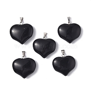 Natural Obsidian Pendants, Heart Charms, with Platinum Tone Brass Findings, 23.5x25x8.5mm, Hole: 5x3.5mm(G-G956-D05)