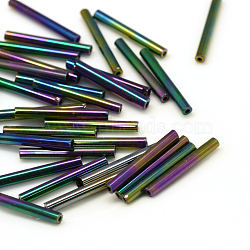 Glass Bugle Beads, Multi-color Plated, 15x2.5mm, Hole: 0.5mm, about 5000pcs/bag(SEED-R028-2x15-A02)