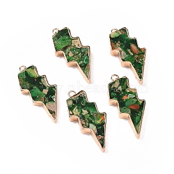 Dyed Natural Imperial Jasper Pendants, Lightning Bolt Charms, with Golden Tone Brass Findings, Dark Green, 39.5x16.5x4mm, Hole: 1.8mm(G-P490-03G-04)