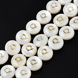 Natural Freshwater Shell Beads, with Golden Enamel, Horizontal Hole, Flat Round with Alphabet, Seashell Color, Letter.Q, 8x3.5~4.5mm, Hole: 0.5mm, about 40pcs/strand, 12.20~12.60inch(31~32cm)(X-SHEL-S276-168Q)