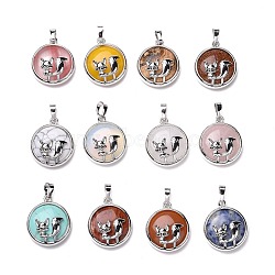 Natural & Synthetic Gemstone Pendants, with Platinum Tone Brass Findings, Lead Free & Cadmium Free, Mixed Dyed and Undyed, Flat Round with Fox, 27x23x9mm, Hole: 8x5mm(G-K321-01P)