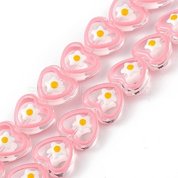 Handmade Lampwork Beads Strands, with Enamel, Heart with Flower Pattern, Pink, 12x12.5x7mm, Hole: 1mm, about 30pcs/strand, 13.39 inch(34cm)(LAMP-F029-06)