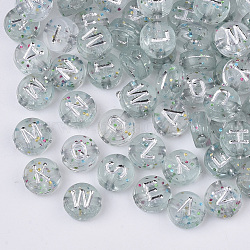 Plating Transparent Acrylic Beads, with Glitter Powder, Metal Enlaced, Horizontal Hole, Flat Round with Letter, Silver Plated, 7x4mm, Hole: 1.5mm, about 3540pcs/500g(TACR-T008-01B)